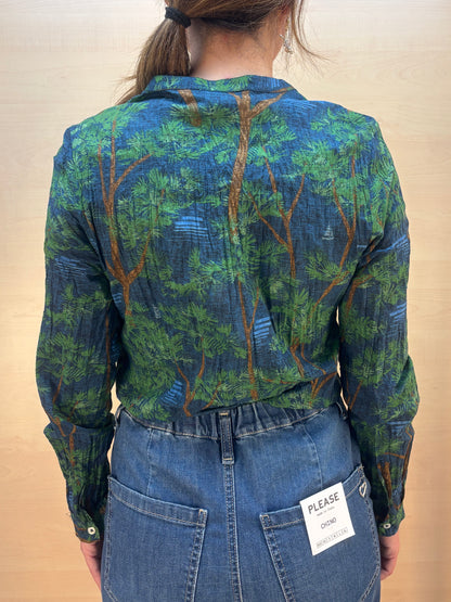 Camicia no stiro fantasia pini mediterranei - cotone bio