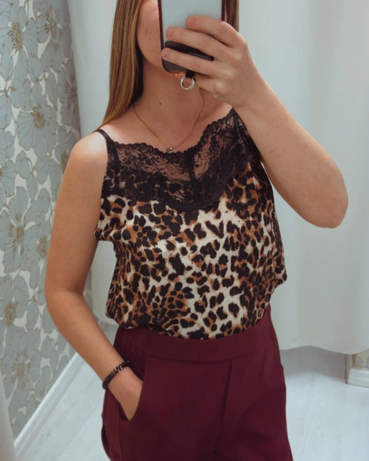 Top maculato in raso con inserto in pizzo – Made in Italy