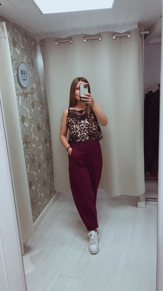 Top maculato in raso con inserto in pizzo – Made in Italy